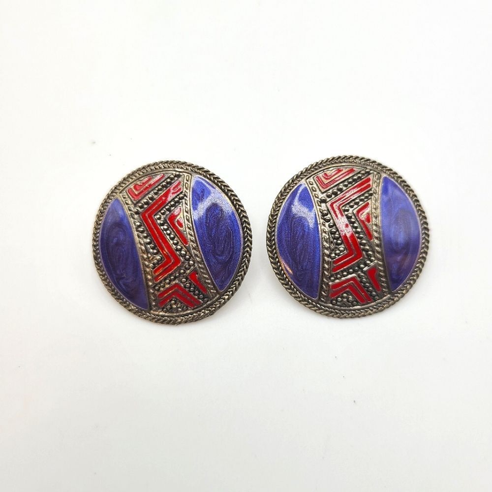 Vintage BEREBI Enameled Earrings, Pierced, Red Blue